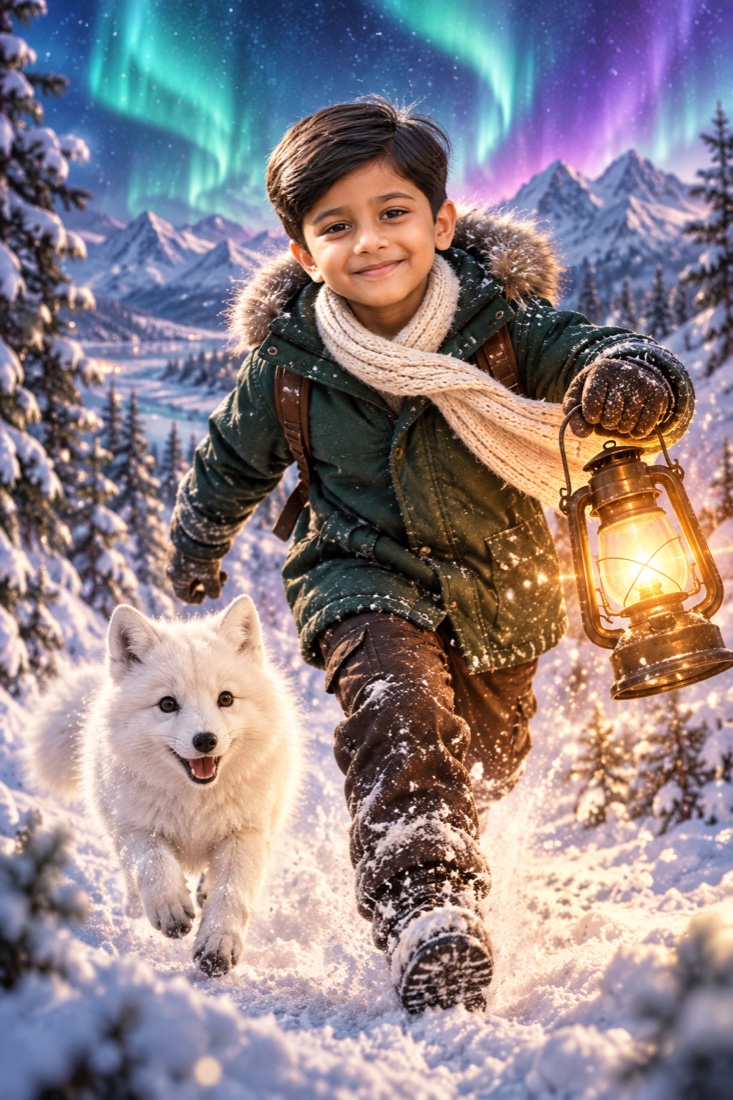 The same child in a winter adventure