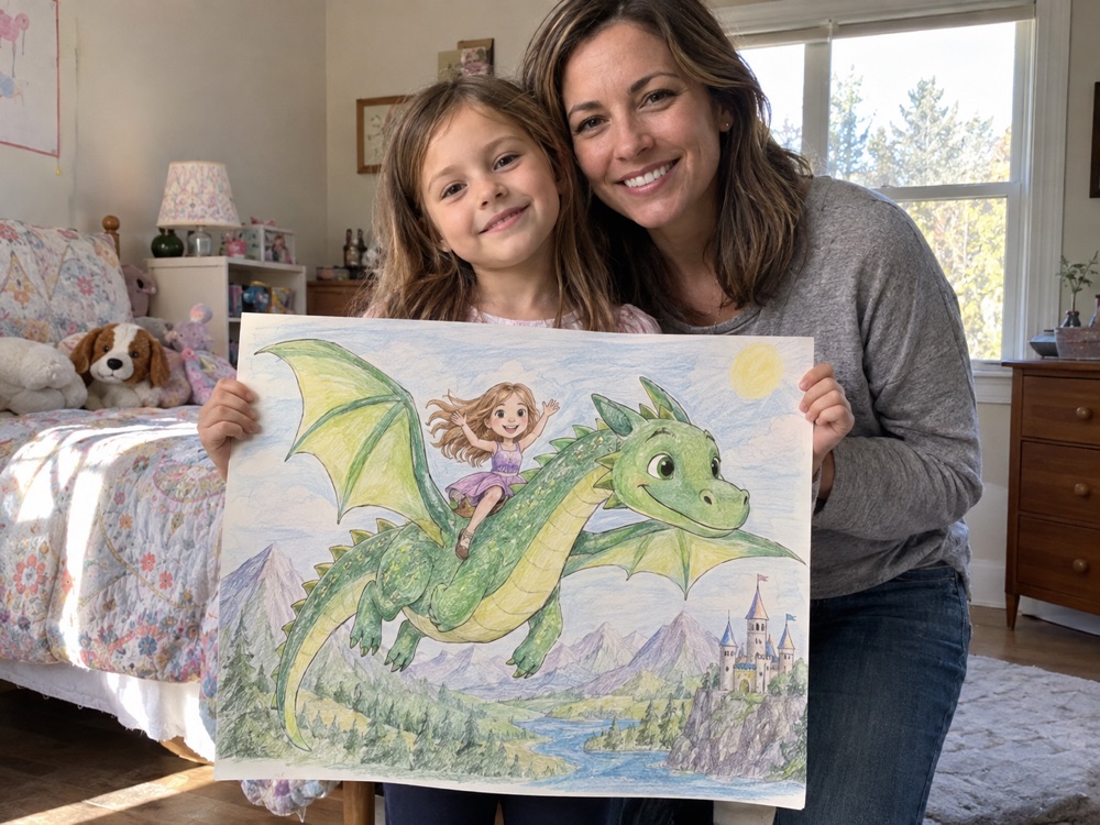 Child proudly holding a fantasy movie poster with their mother