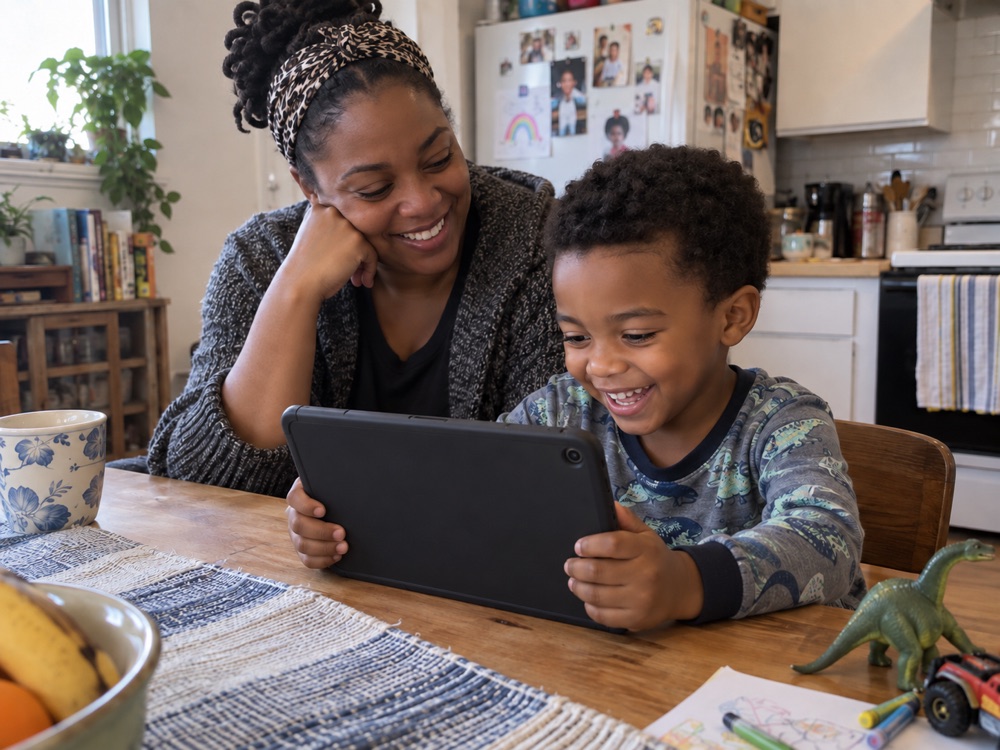 Mother and son enjoying an adventure on a tablet