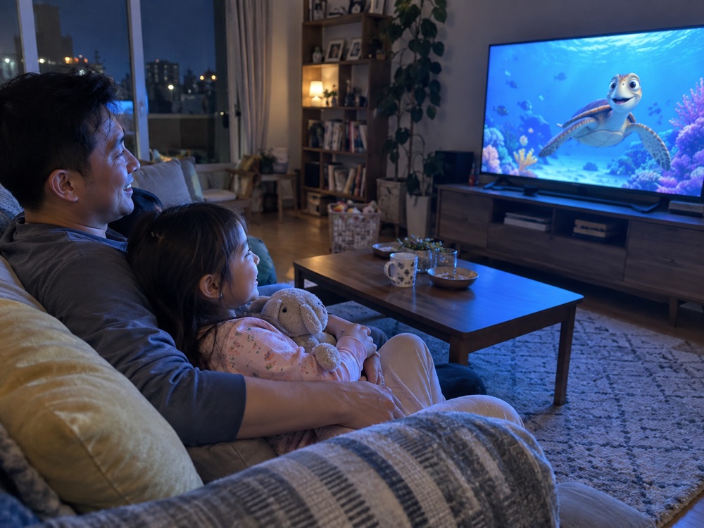 Father and daughter watching a cartoon on television