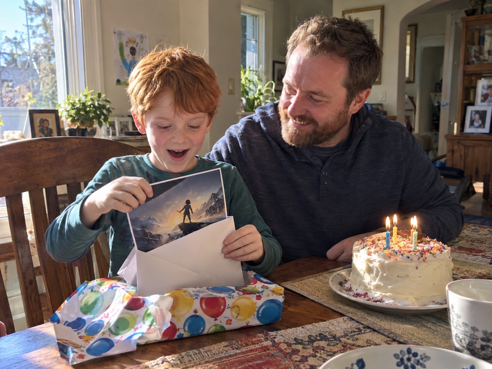 Child opening a movie poster birthday gift