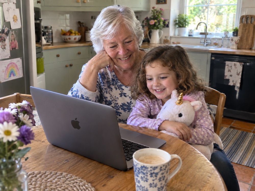 Grandmother and granddaughter watching a movie on a laptop