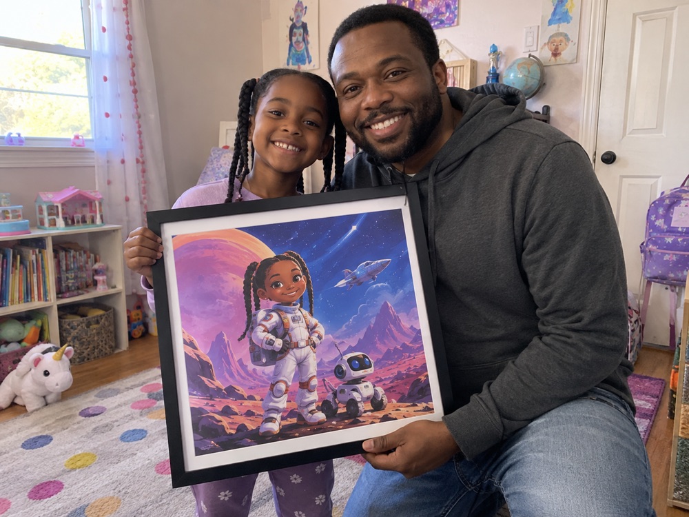 Girl and father holding her personalized space adventure poster
