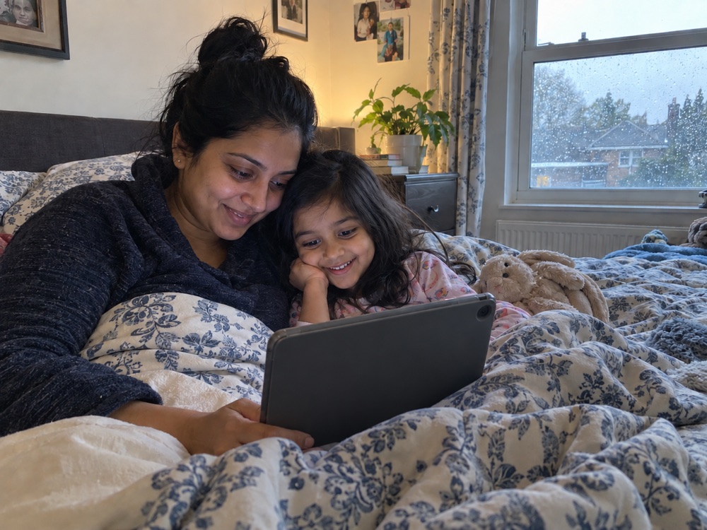 Mother and daughter enjoying a tablet in a cozy bedroom