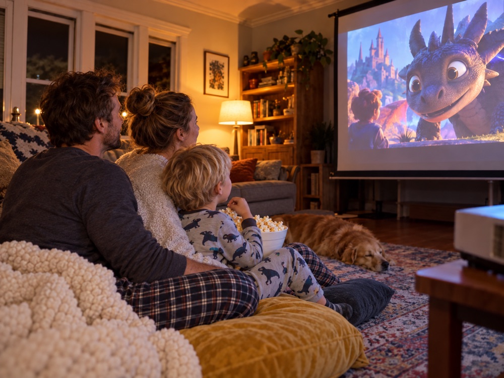 Family watching a projected animated movie at home